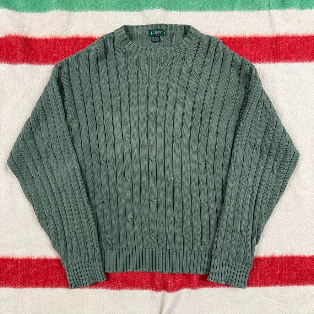 Vintage 90s J Crew Oarsman Knit Cotton Cable Knit Sweater XL Green Mens